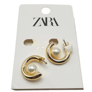 Zara Gold Tone Hoop Earrings With Faux Pearl Accents New Old Stock Retired